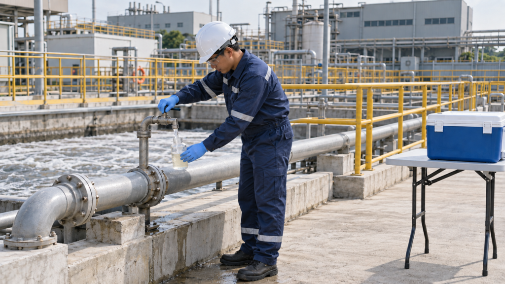 Giảm chi phí xử lý nước thải: 5 việc cần kiểm tra trước Kỹ thuật viên lấy mẫu nước thải để phân tích chất lượng sau xử lý