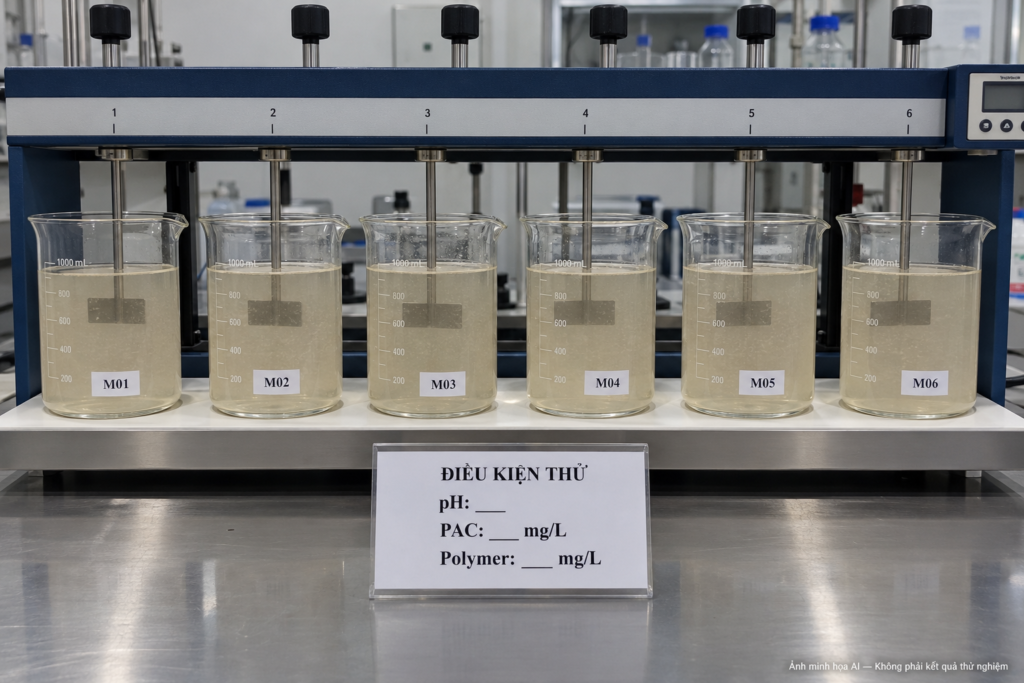 Sáu cốc Jar Test có nhãn M01–M06 và bảng ghi điều kiện pH, PAC, polymer để trống.